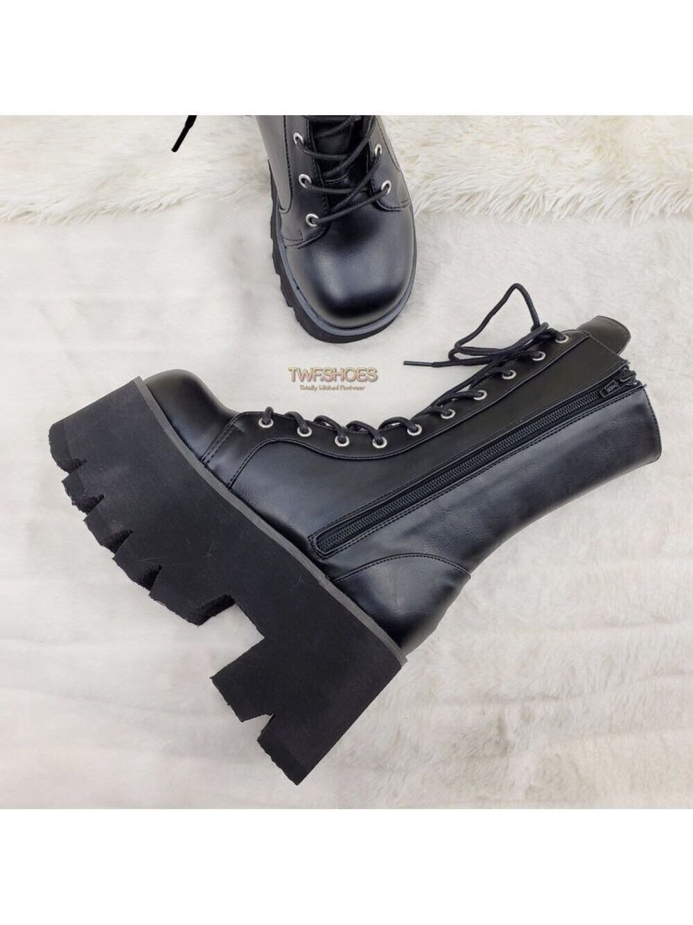 Ashes Black Matte Platform Goth Punk Mid Calf Combat Boots - Picture 5 of 14